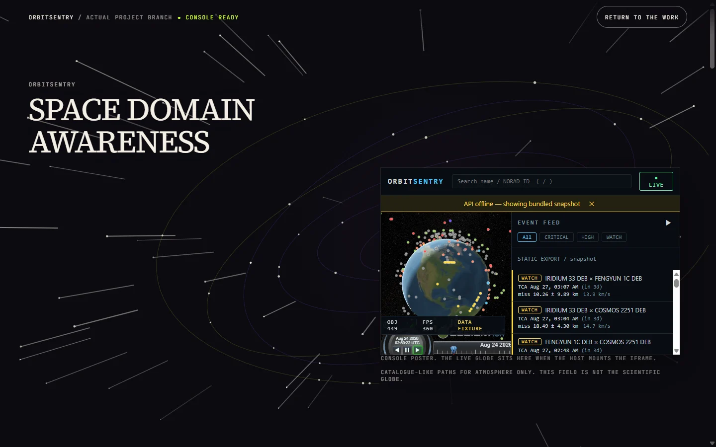 OrbitSentry space-domain-awareness console with globe, public satellite catalogue and conjunction feed